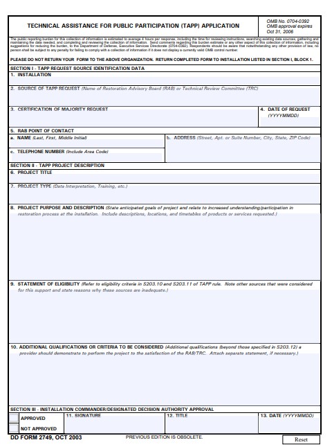 Download dd Form 2749