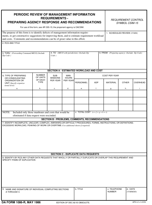 DA Form 1086-R form preview