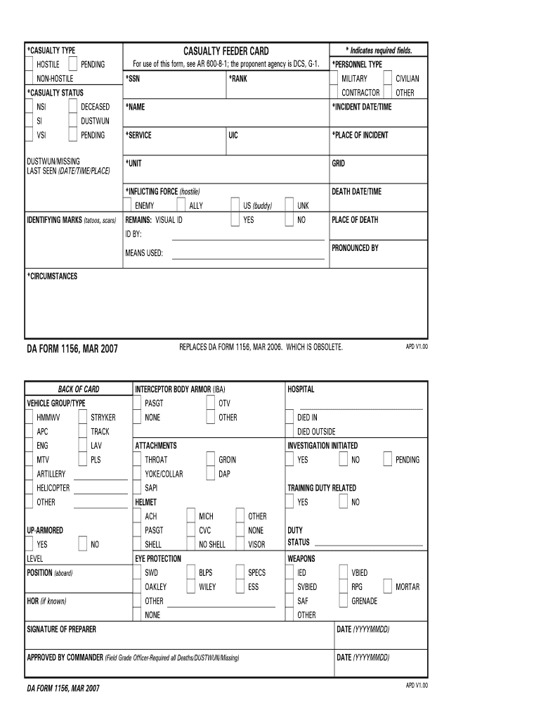 DA Form 1156 form preview