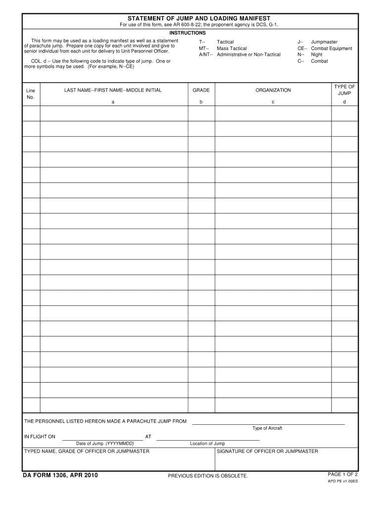 DA Form 1306 form preview