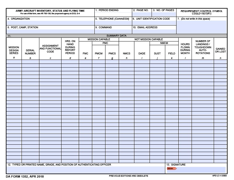 DA Form 1352 form preview