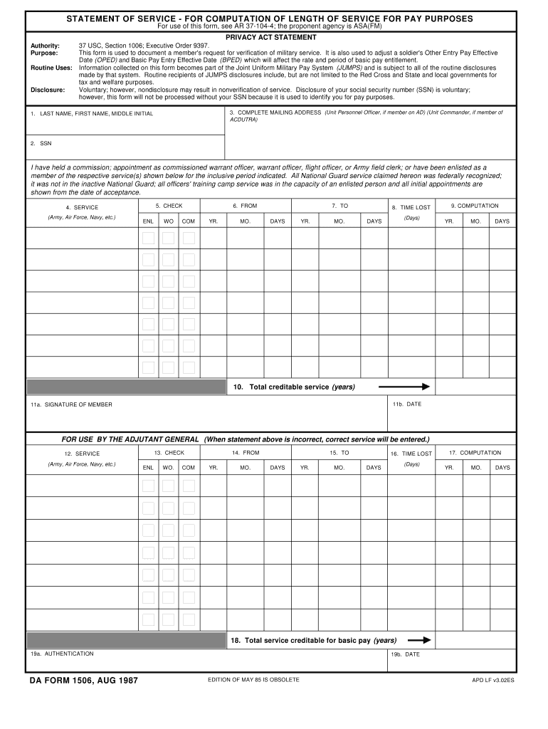 DA Form 1506 form preview