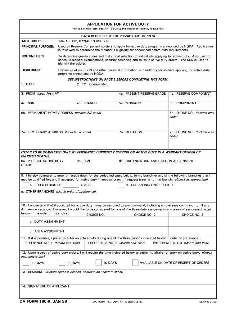 DA Form 160 form preview