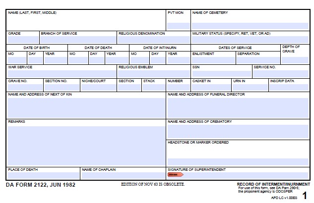 DA Form 2122 form preview