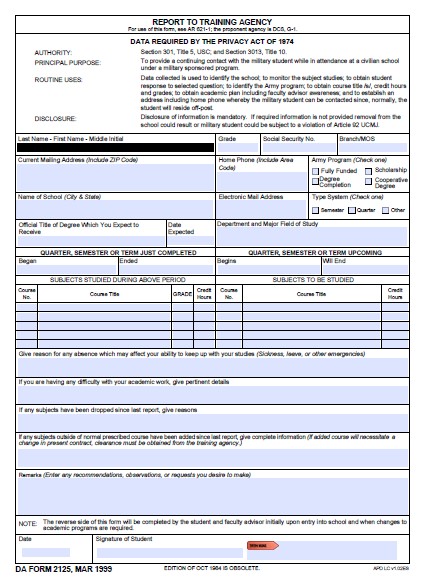 DA Form 2125 form preview