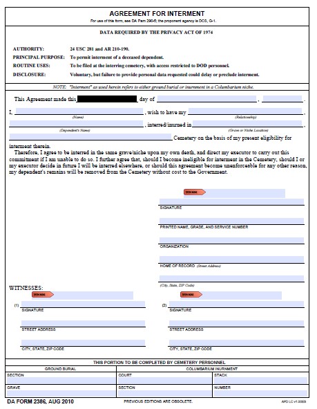 DA Form 2386 form preview