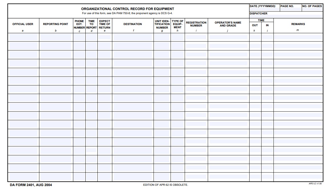 DA Form 2401 form preview