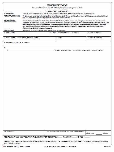 DA Form 2823 form preview
