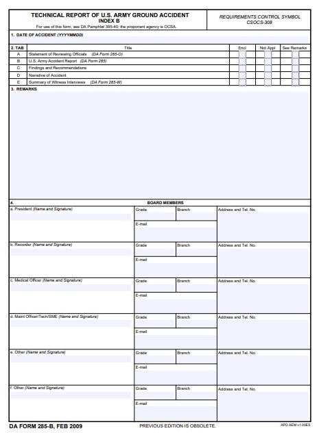 DA Form 285-B form preview