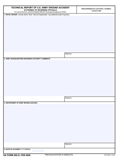 DA Form 285-O form preview
