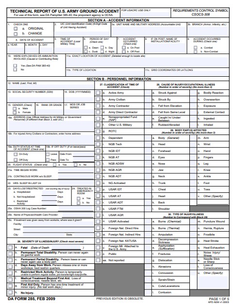 DA Form 285 form preview
