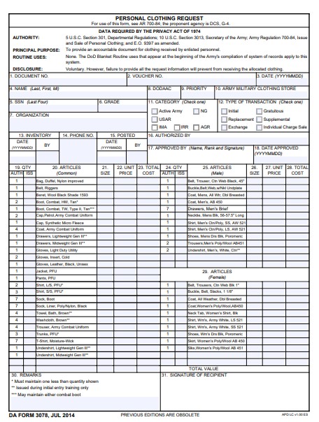 DA Form 3078 form preview