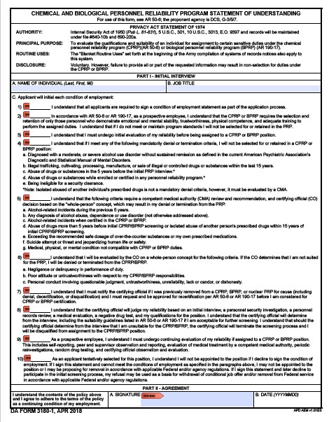 DA Form 3180-1 form preview