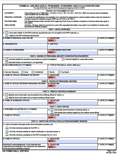 DA Form 3180-2 form preview