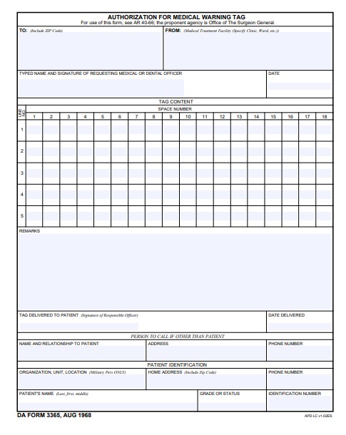 DA Form 3365 form preview