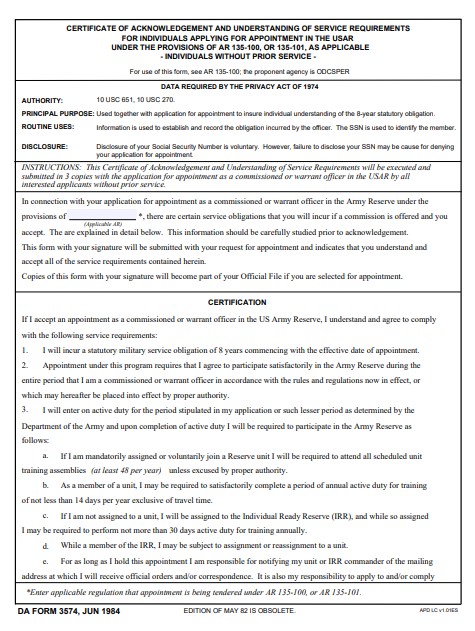 DA Form 3574 form preview
