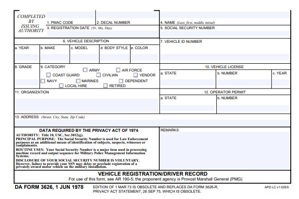DA Form 3626 form preview