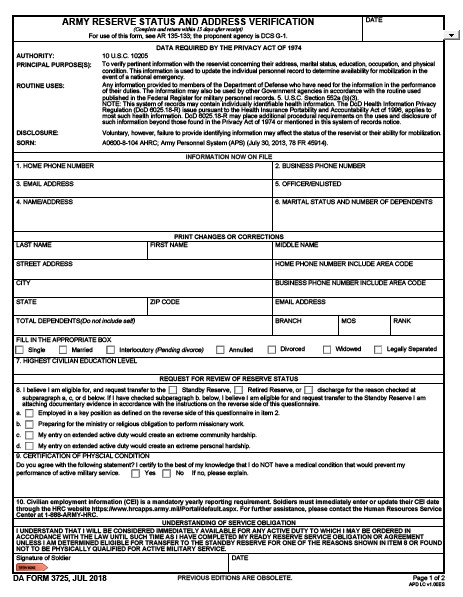 DA Form 3725 form preview