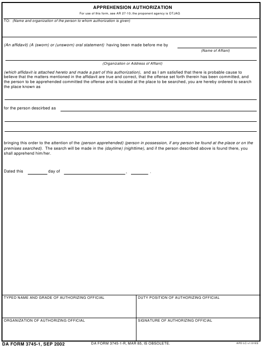 DA Form 3745-1 form preview