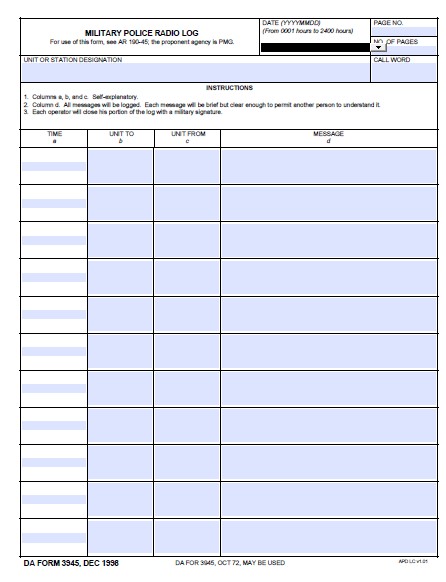 DA Form 3945 form preview
