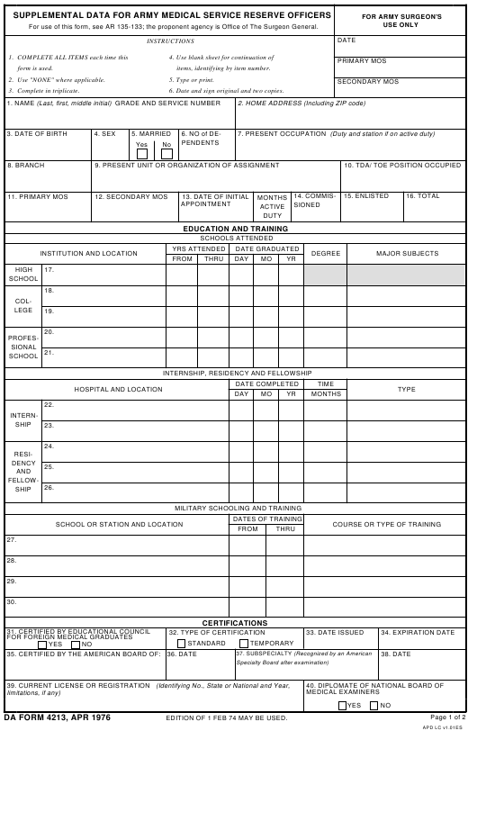 DA Form 4213 form preview
