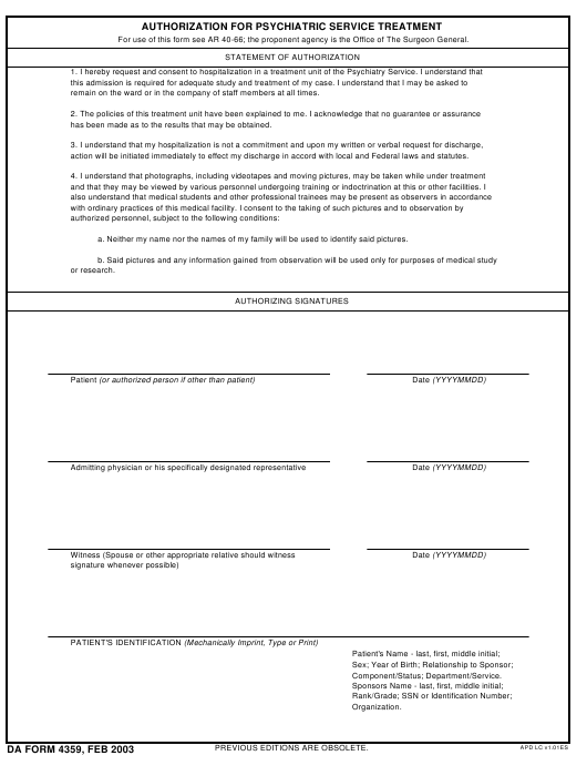 DA Form 4359 form preview