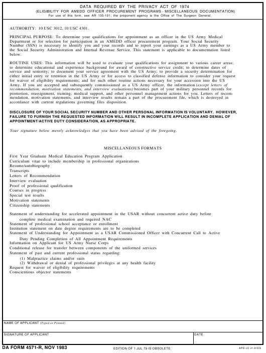 DA Form 4571-R form preview