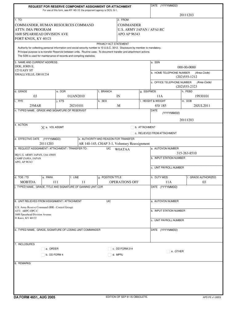 DA Form 4651 form preview
