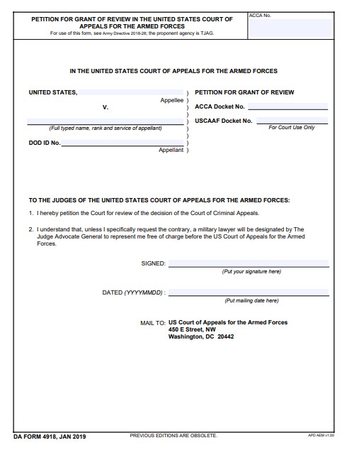 DA Form 4918 form preview