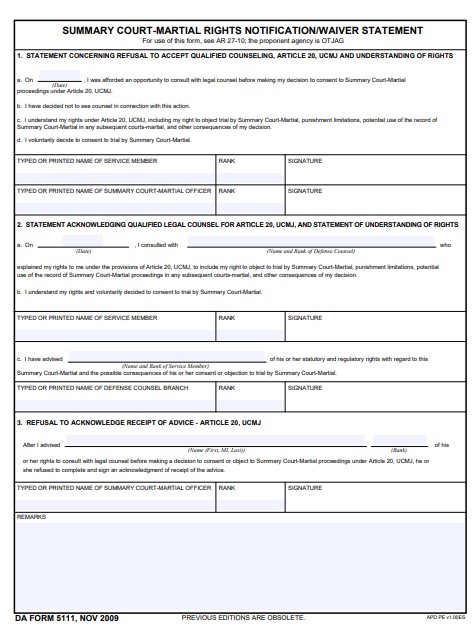 DA Form 5111 form preview