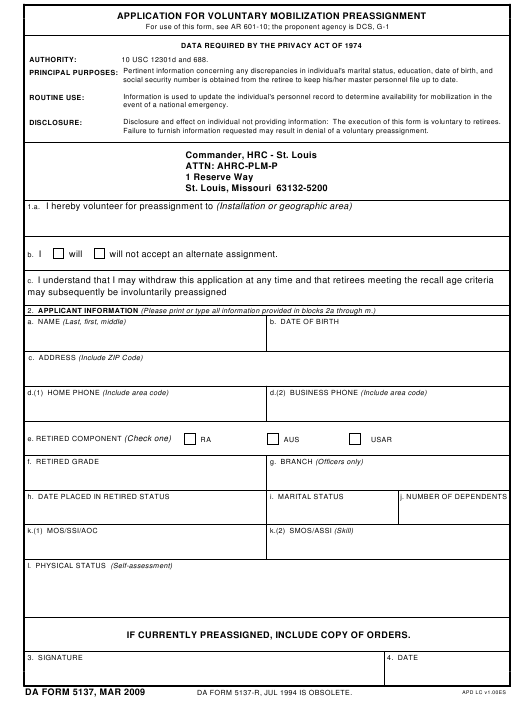 DA Form 5137 form preview