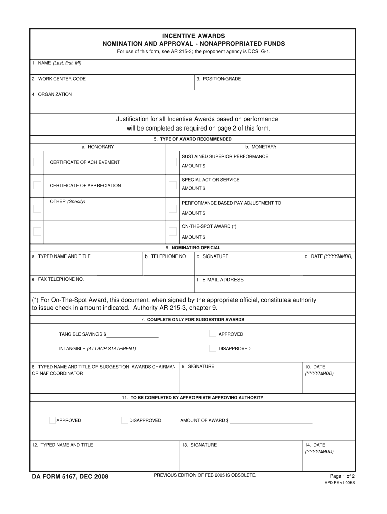 DA Form 5167 form preview