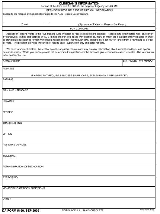 DA Form 5190 form preview