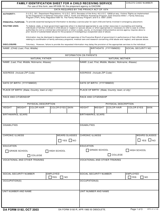 DA Form 5192 form preview