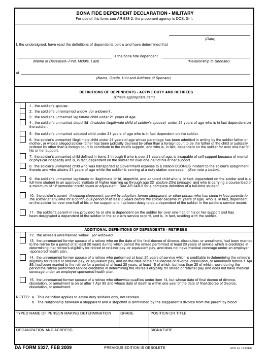 DA Form 5327 form preview