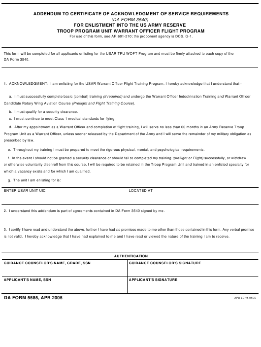 DA Form 5585 form preview
