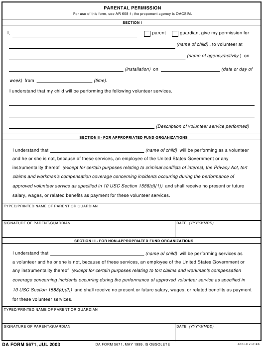 DA Form 5671 form preview