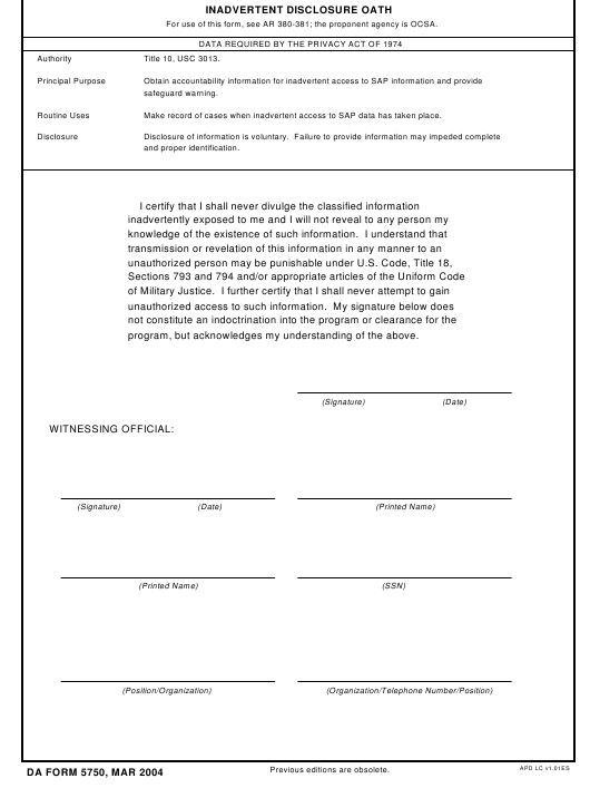 DA Form 5750 form preview