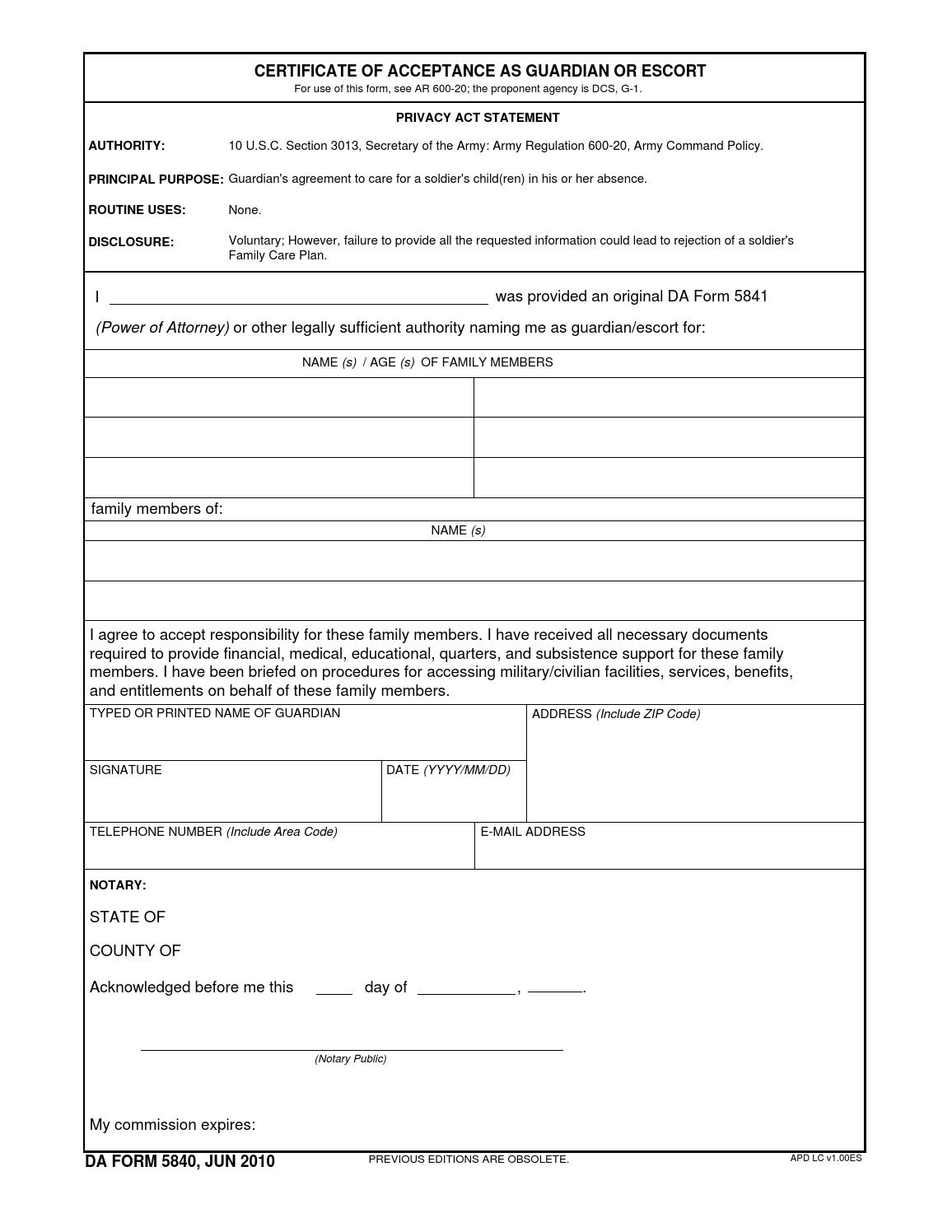 DA Form 5840 form preview