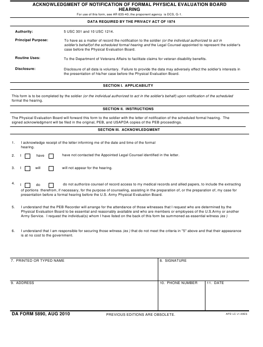 DA Form 5890 form preview