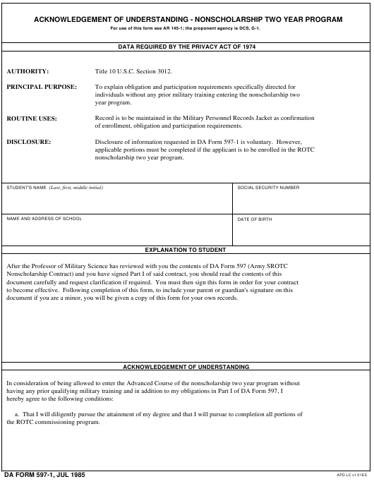 DA Form 597-1 form preview