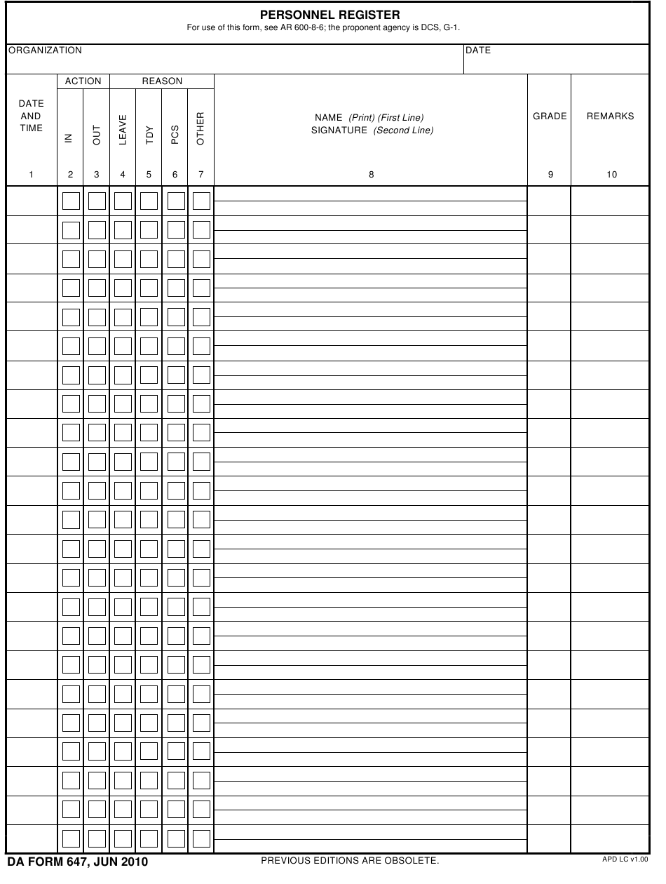 DA Form 647 form preview