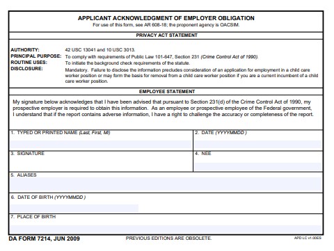 DA Form 7214 form preview