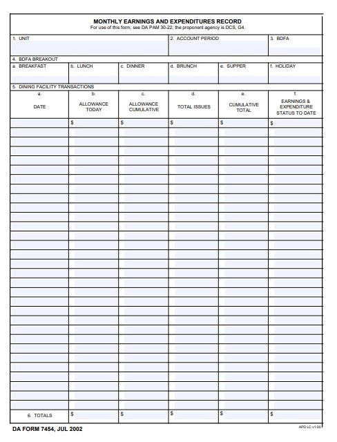DA Form 7454 form preview