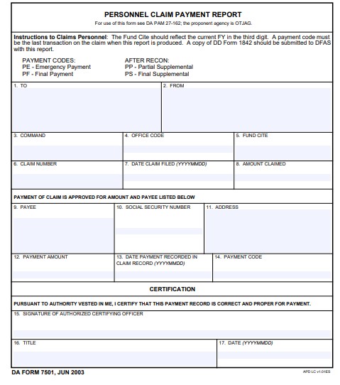 DA Form 7501 form preview