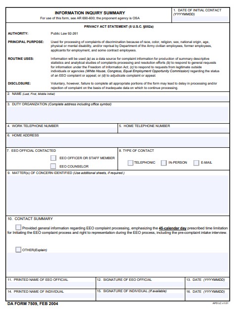 DA Form 7509 form preview