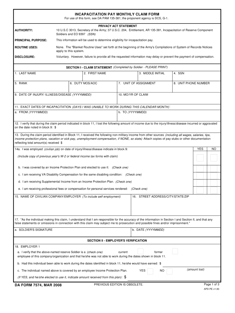DA Form 7574 form preview