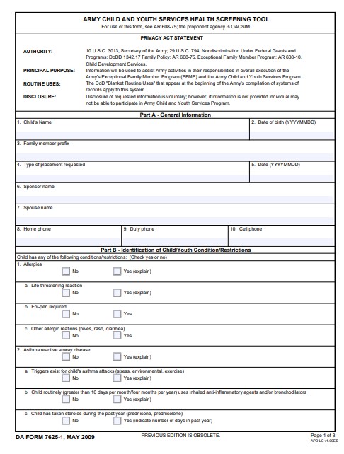 DA Form 7625-1 form preview