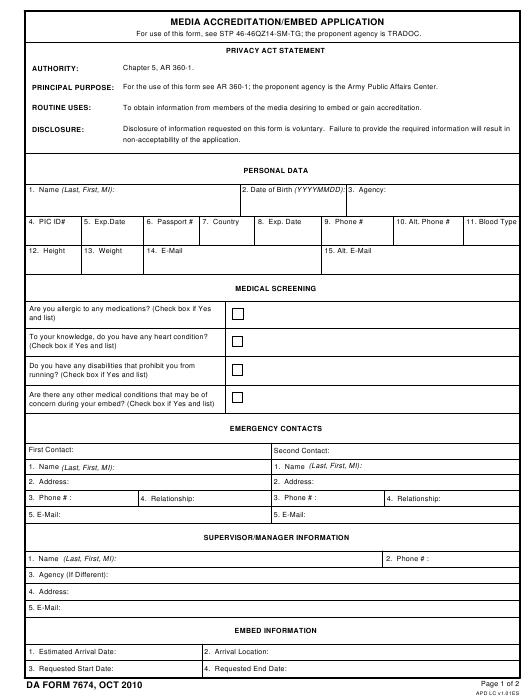 DA Form 7674 form preview