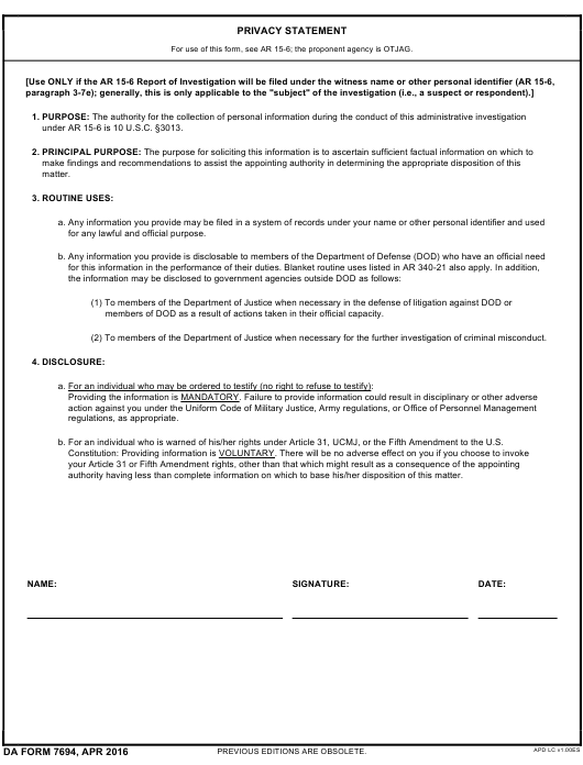 DA Form 7694 form preview